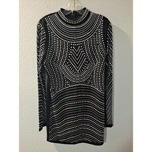 Windsor Sequin Embellished Pearl Long Sleeve Black Bodycon Mini Dress, Large